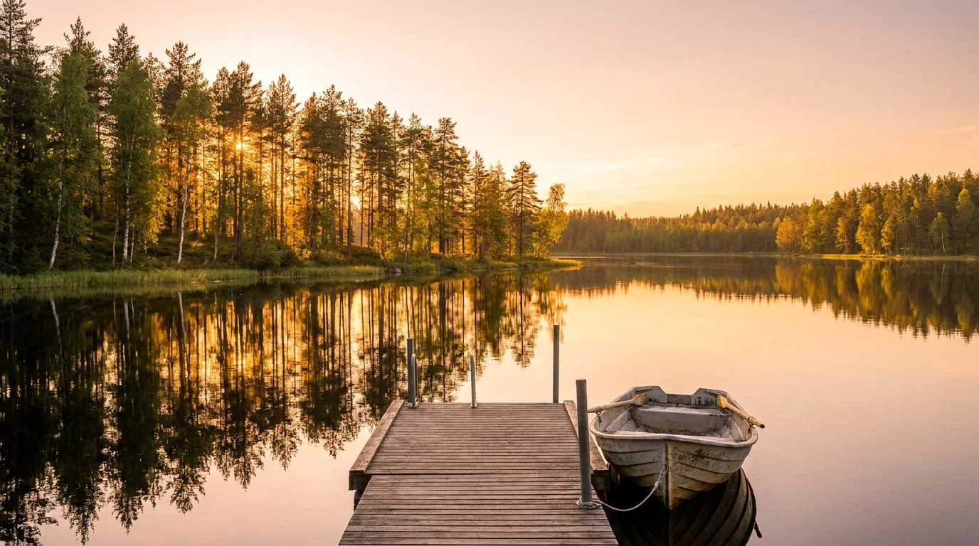 Lac en Laponie finlandaise sous le soleil de minuit en été avec reflets dorés