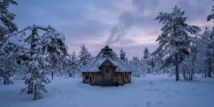 Kota finlandais traditionnel dans une clairière enneigée de Laponie au crépuscule