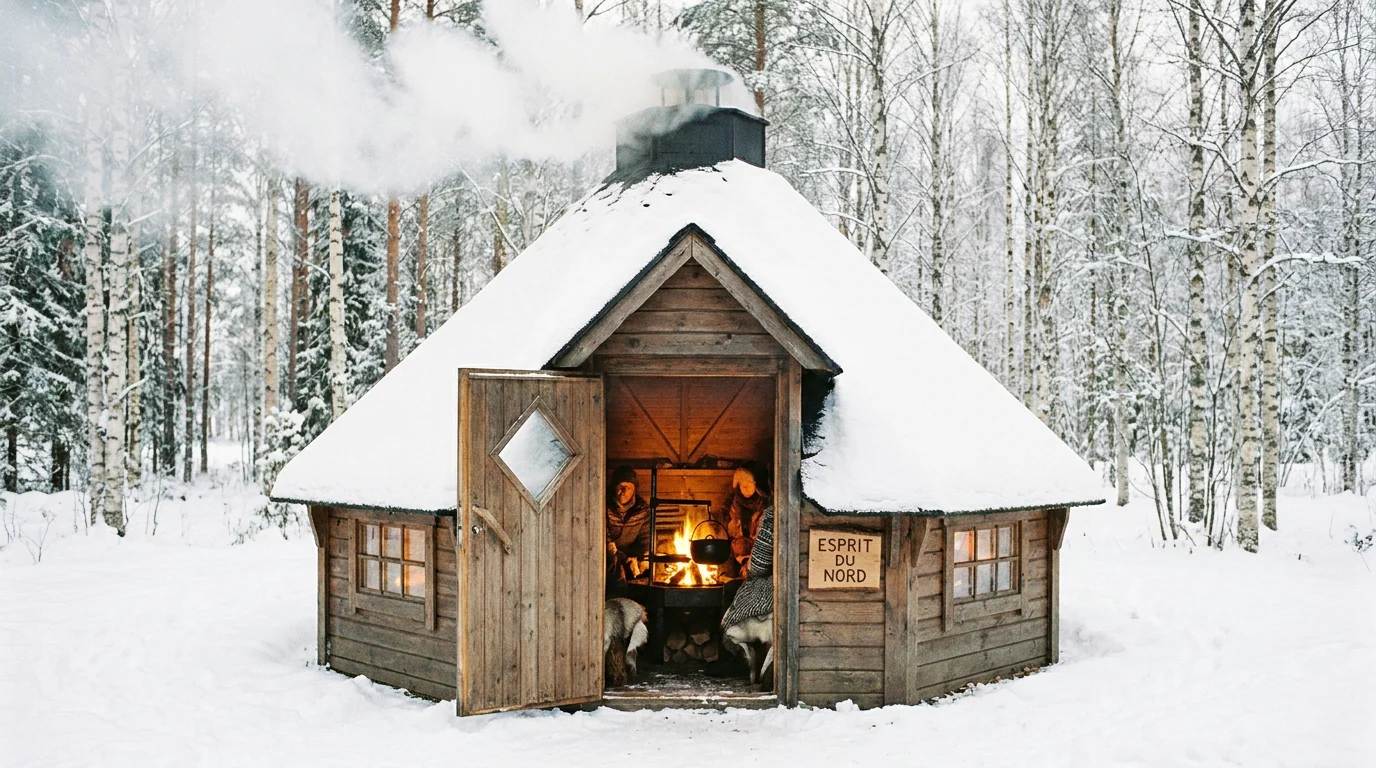 Kota traditionnel en bois dans un paysage enneigé de Laponie finlandaise