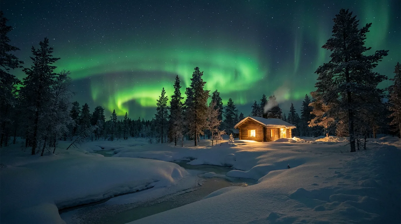 Aurore boréale au-dessus d'une forêt enneigée en Laponie finlandaise