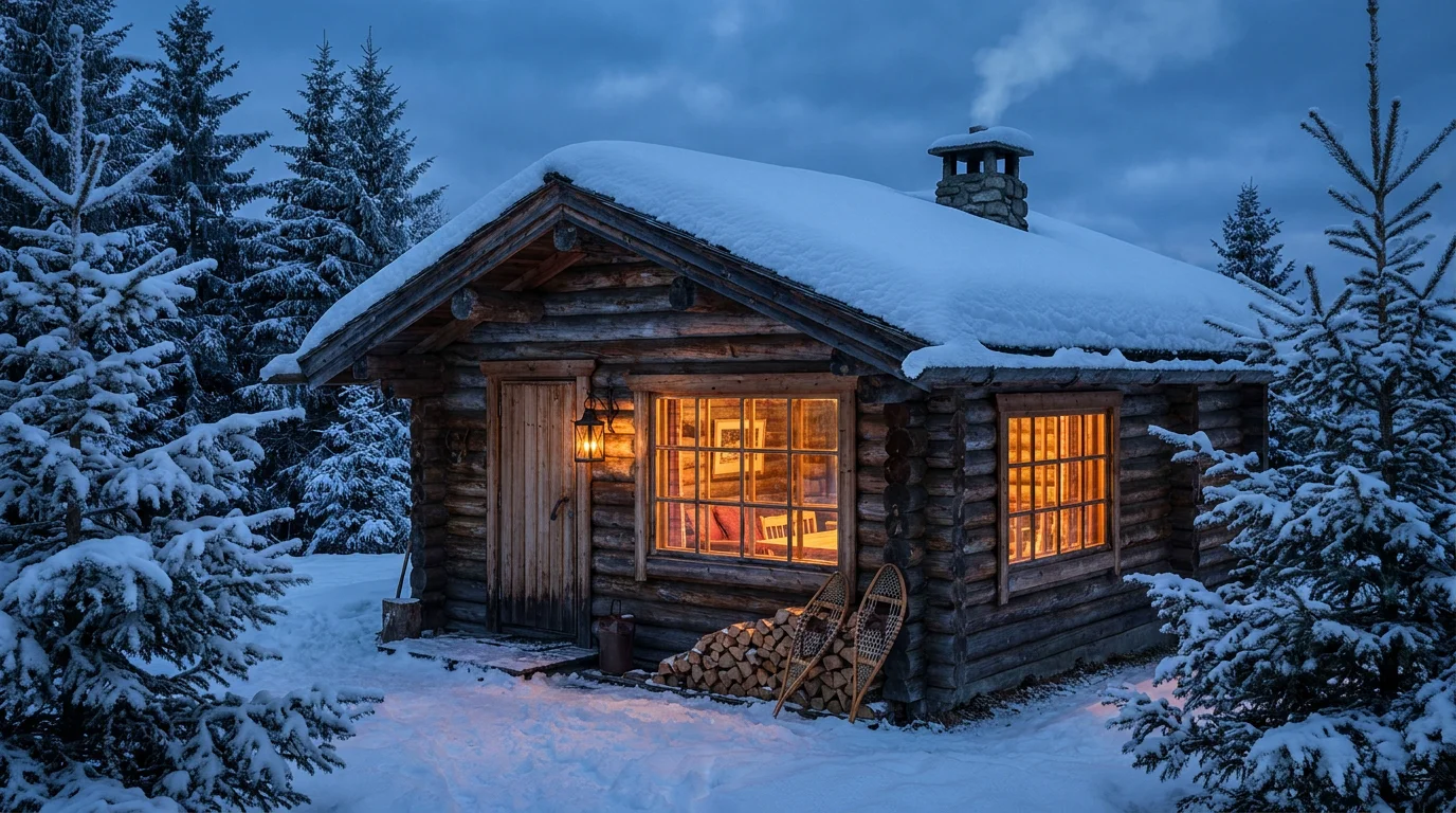 Chalet finlandais enneigé au crépuscule en Laponie