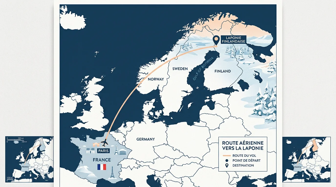 Carte illustrant le trajet aérien entre Paris et la Laponie finlandaise