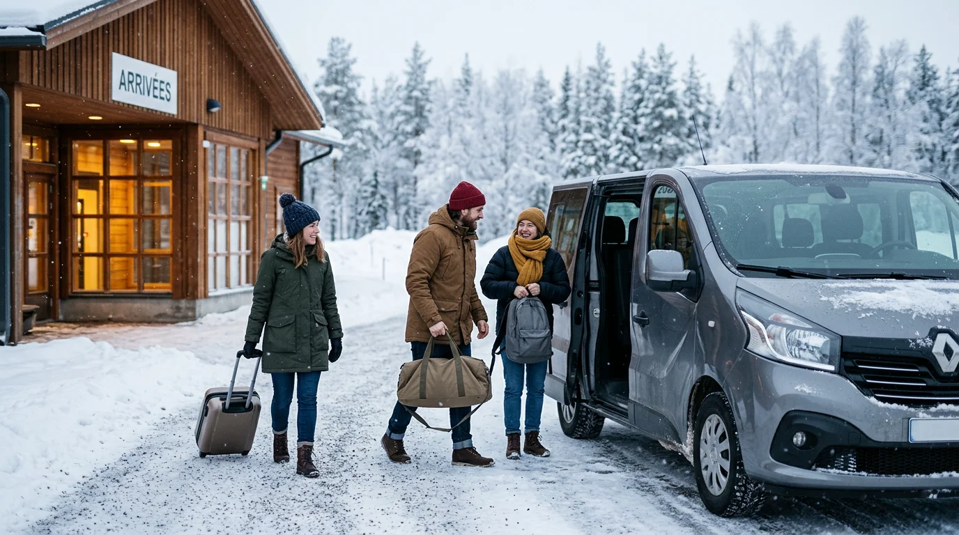Voyageurs arrivant à un aéroport enneigé en Laponie finlandaise