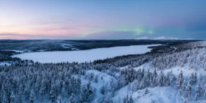 Paysage hivernal de Laponie finlandaise avec forêt enneigée et ciel polaire au crépuscule
