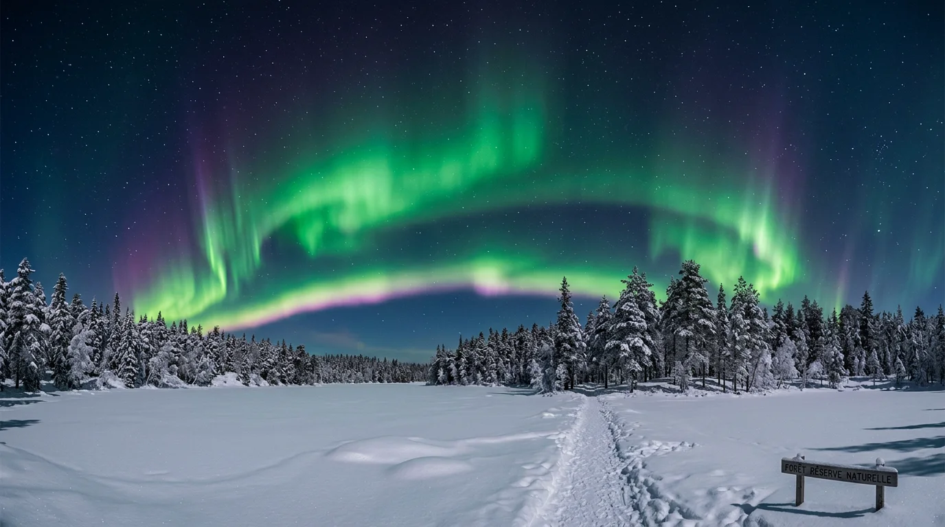 Aurore boréale verte au-dessus d'une forêt enneigée et d'un lac gelé en Laponie finlandaise