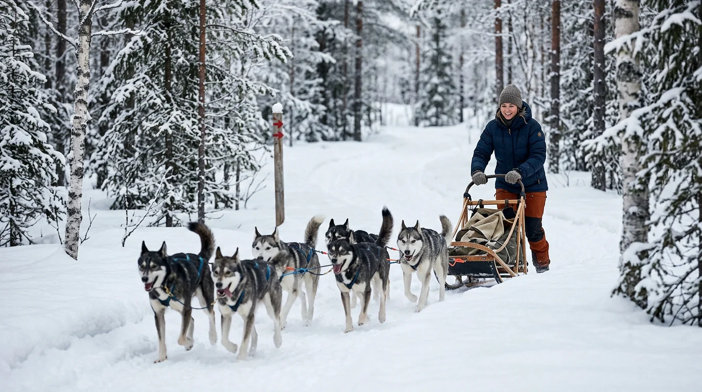 Attelage de chiens de traîneau dans une forêt enneigée de Laponie finlandaise