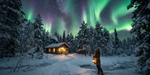 Aurores boréales au-dessus d'une forêt enneigée en Laponie finlandaise