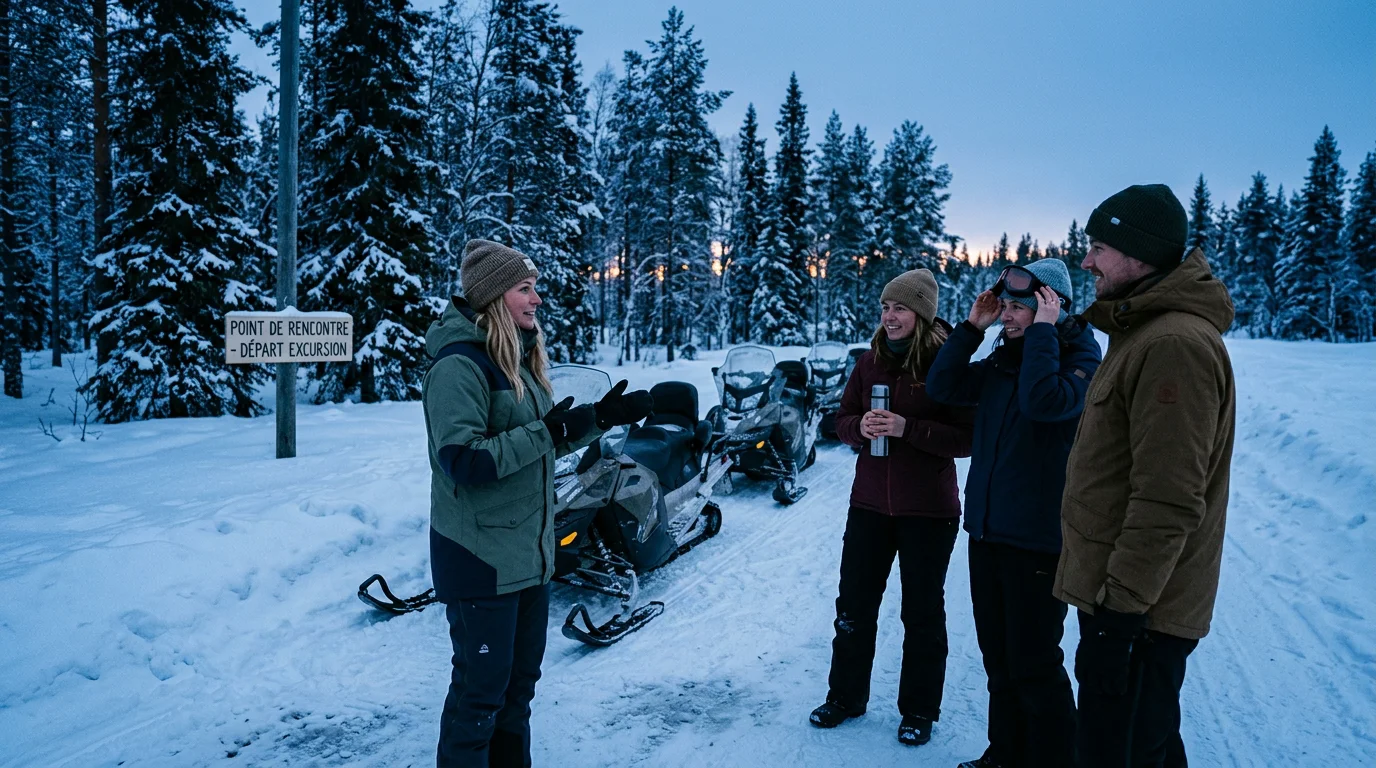 Guide accompagnant des voyageurs près de motoneiges dans la neige en Laponie
