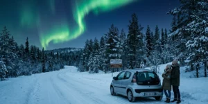 Voiture sous une aurore boréale lors d'un road trip en Laponie finlandaise