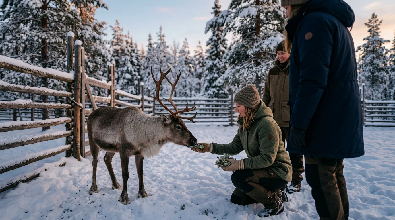 Voyageurs nourrissant des rennes dans une ferme enneigée de Laponie finlandaise
