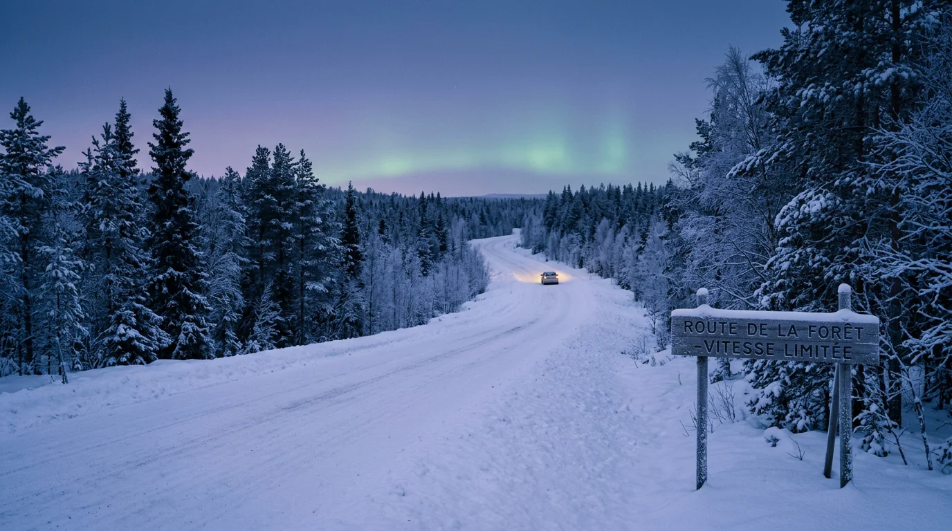 Route enneigée traversant la forêt boréale au crépuscule en Laponie finlandaise