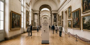 Intérieur d'un grand musée d'art avec des visiteurs et des tableaux