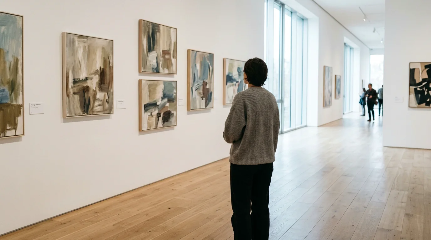 Un visiteur contemple des tableaux dans une galerie d'art lumineuse