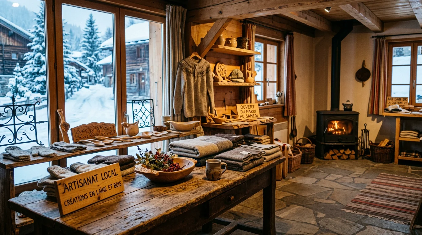 Objets d'artisanat traditionnel exposés dans un espace culturel nordique enneigé
