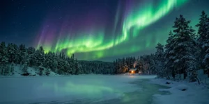 Aurore boréale au-dessus d'un lac gelé en Laponie suédoise