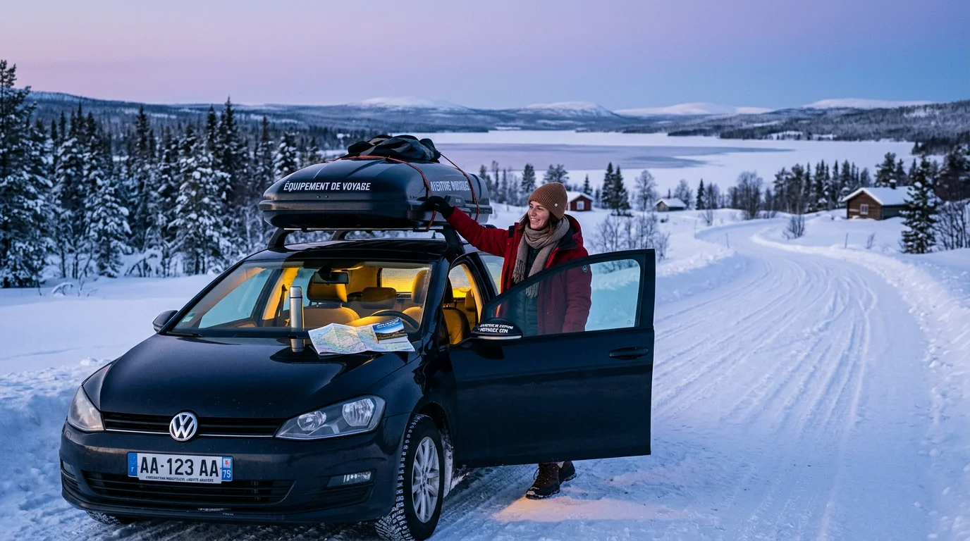 Voiture de location sur une route enneigée de Laponie suédoise au crépuscule