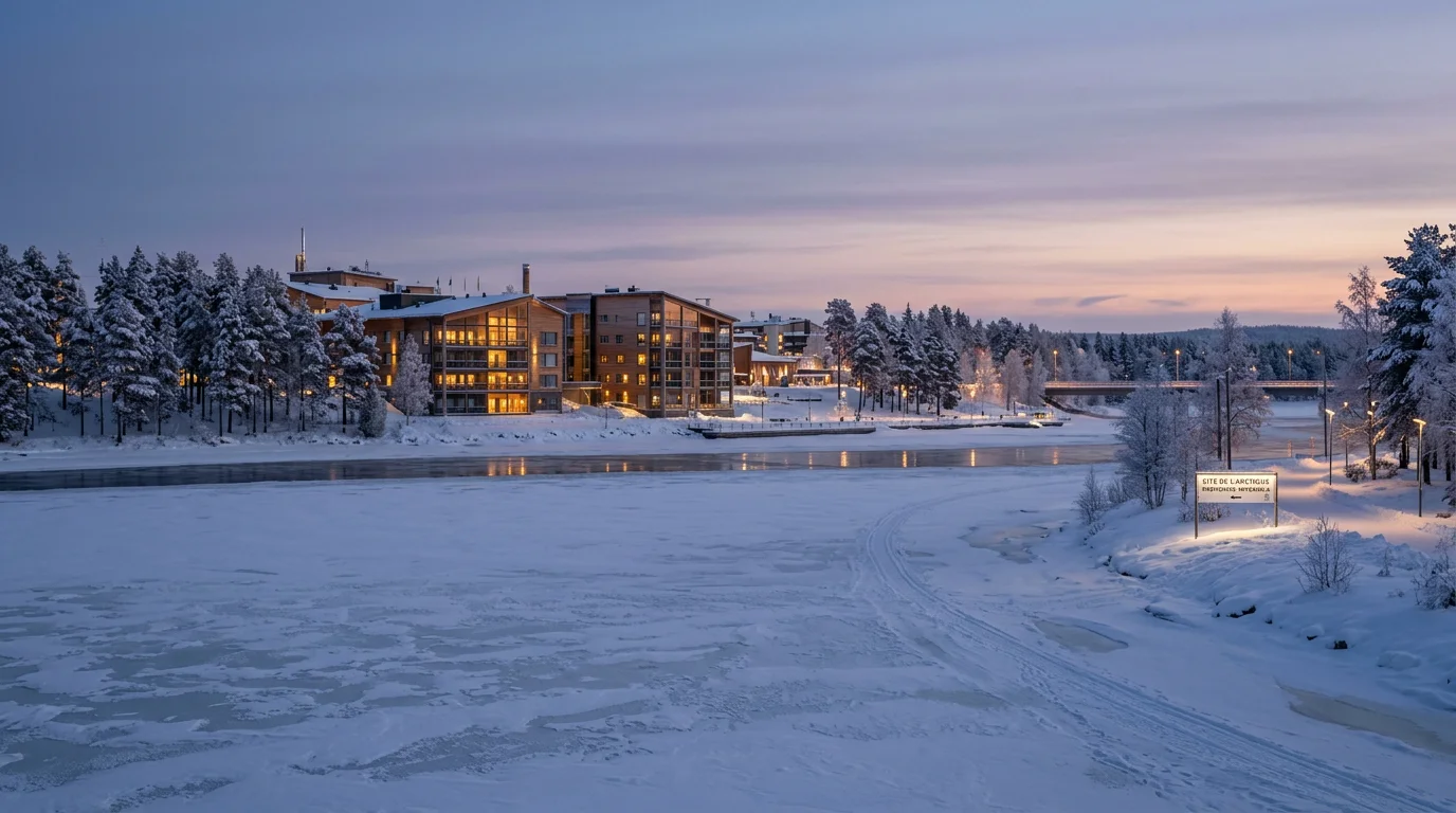 Vue hivernale de la ville de Rovaniemi au crépuscule avec sa rivière gelée