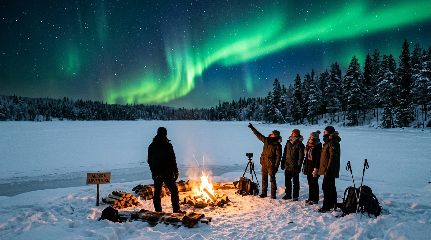 Aurores boréales vertes au-dessus d'un lac gelé près de Rovaniemi