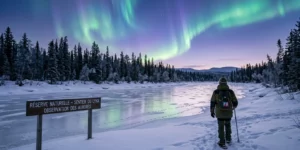 Aurores boréales au-dessus d'une forêt enneigée près du cercle polaire en Laponie