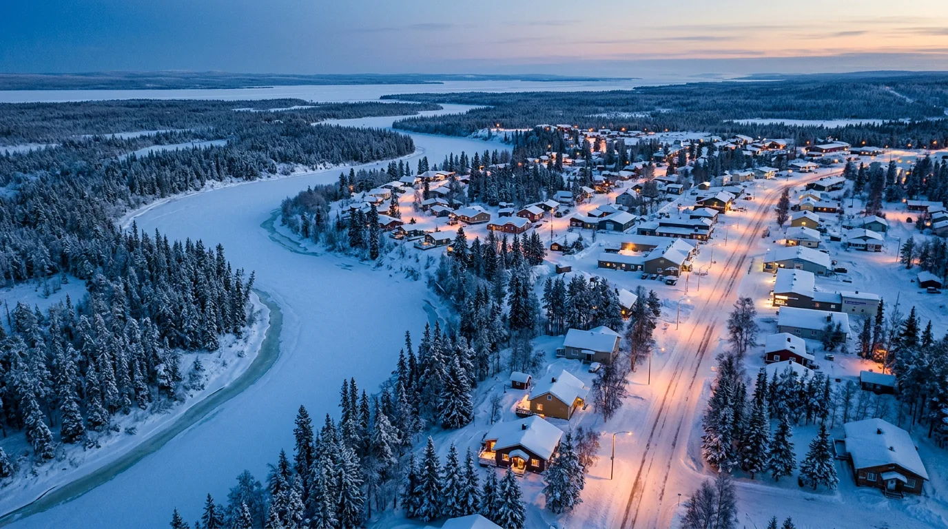 Vue aérienne d'une ville arctique enneigée au crépuscule en Laponie