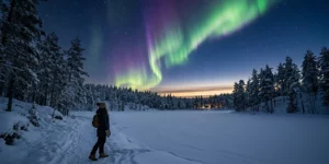 Aurore boréale au-dessus d'un lac gelé en Laponie finlandaise en hiver