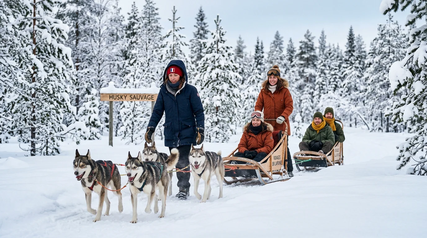 Traîneau à chiens huskies dans une forêt enneigée de Laponie