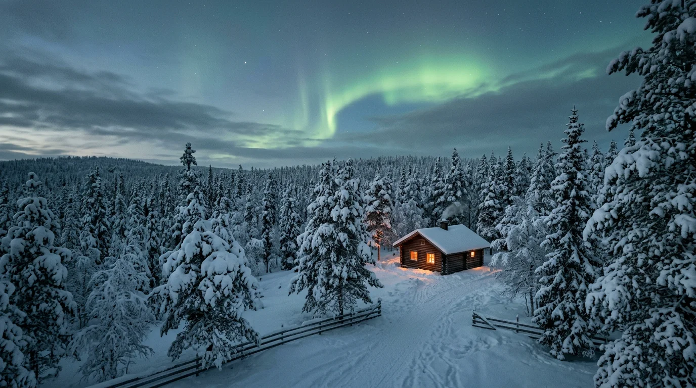 Forêt enneigée de Laponie finlandaise sous une aurore boréale verte