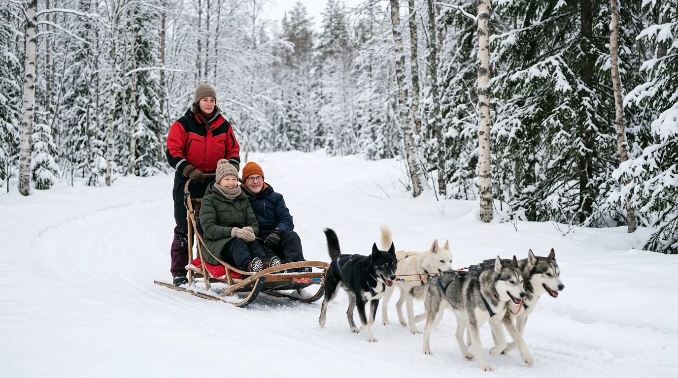 Balade en traîneau à chiens dans une forêt enneigée de Laponie