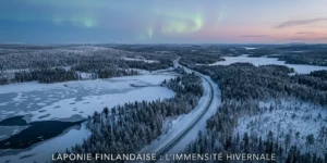 Vue aérienne de la Laponie enneigée au crépuscule avec forêt boréale et aurore verte