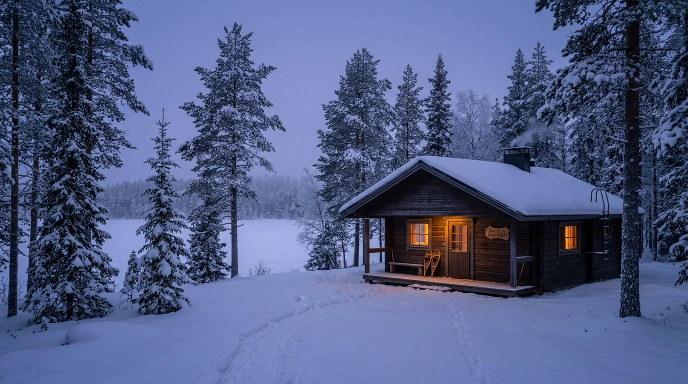 Paysage enneigé de Laponie finlandaise au crépuscule avec un chalet en bois