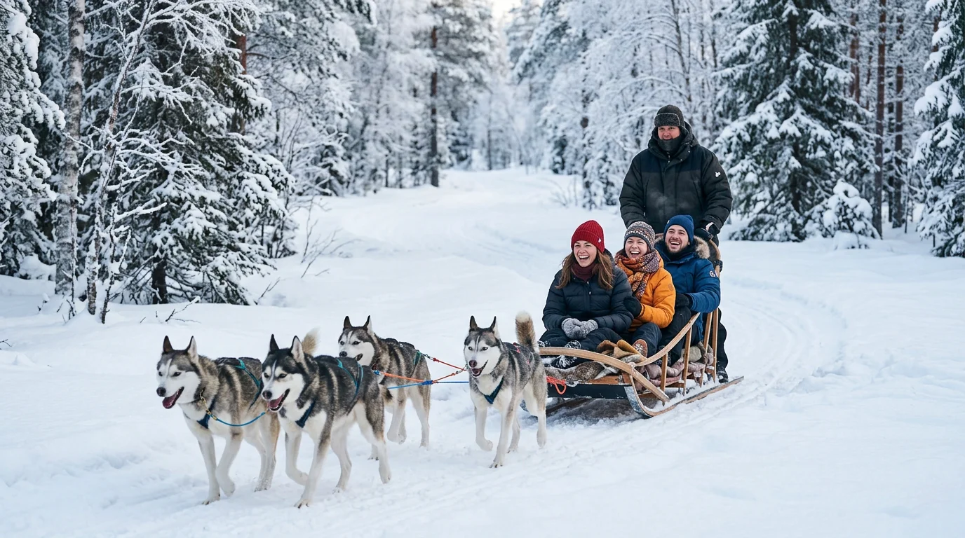 Petit groupe de voyageurs en balade en chiens de traîneau dans une forêt enneigée