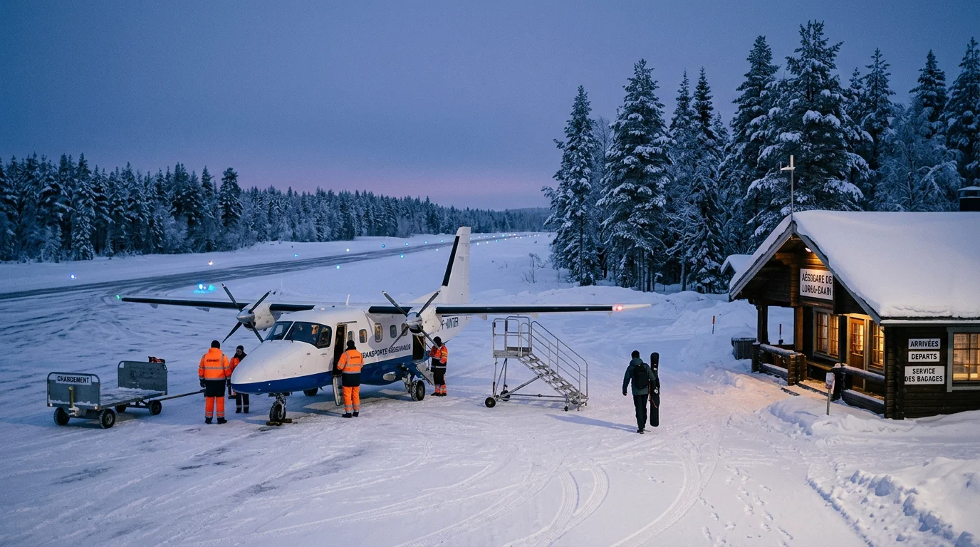 Petit aéroport enneigé de Laponie finlandaise au crépuscule avec un avion sur le tarmac