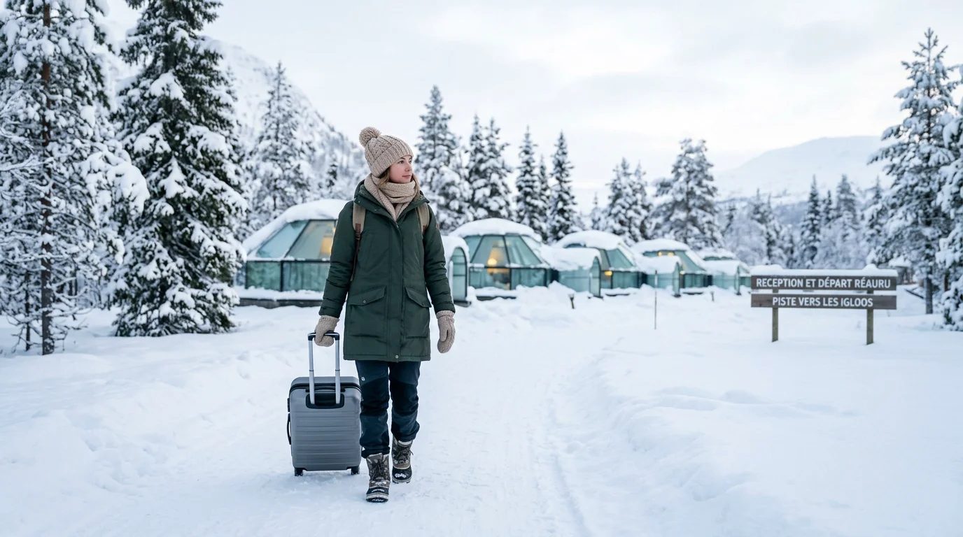 Voyageur tirant une valise dans un paysage enneigé de Laponie avec igloo de verre