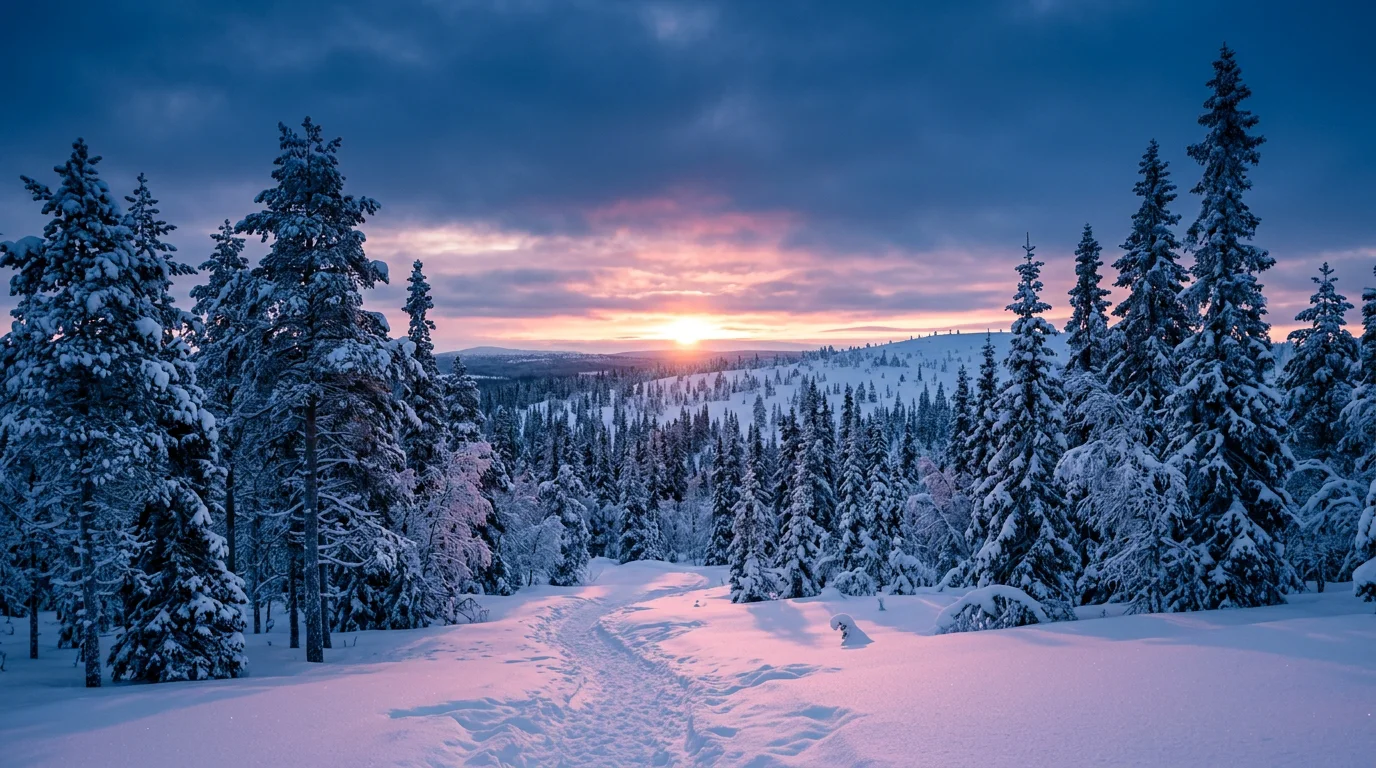 Forêt enneigée de Laponie sous la lumière bleutée de la nuit polaire
