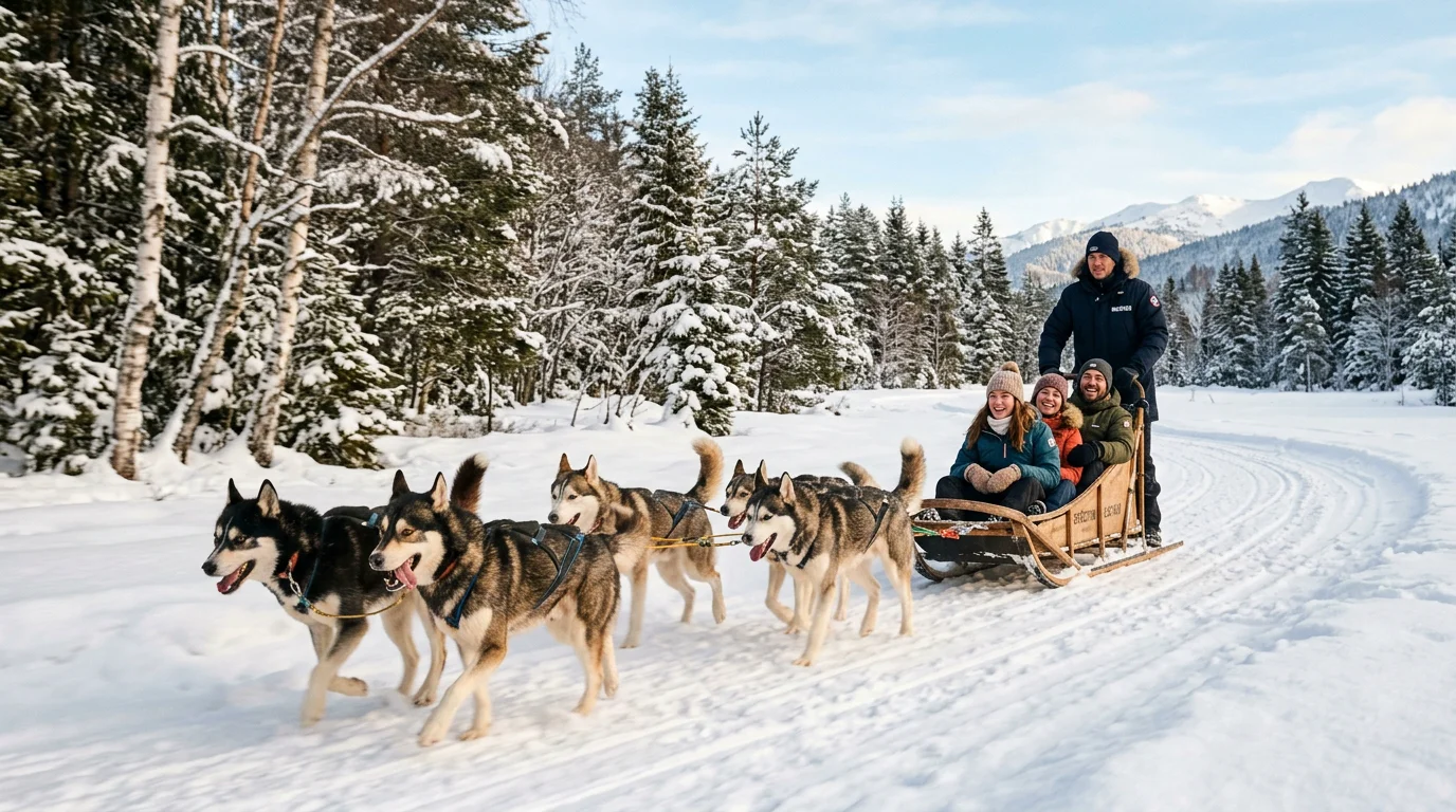 Traîneau à chiens huskies sur une piste enneigée de Laponie