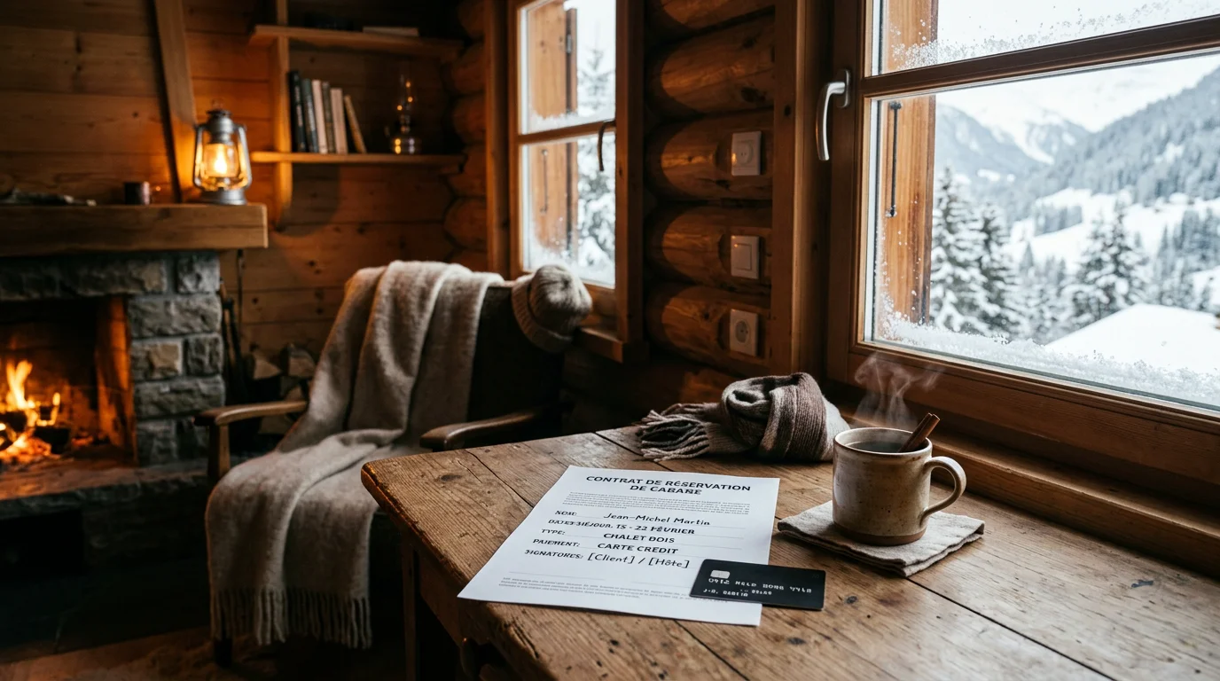 Contrat de réservation d'un hébergement posé sur une table dans un chalet enneigé