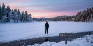 Personne patinant seule sur un lac gelé au coucher de soleil en Laponie finlandaise