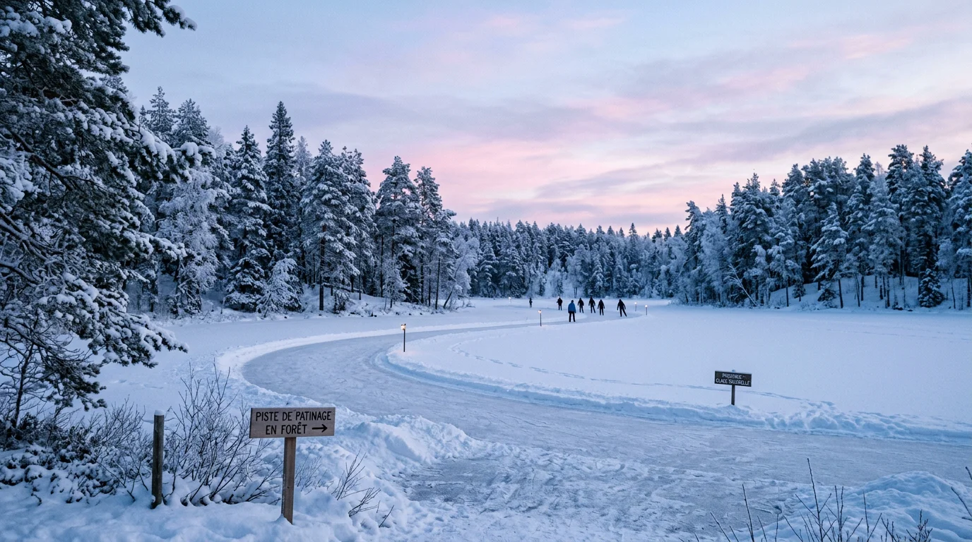 Piste de patinage naturelle sur un lac gelé bordé de forêt enneigée en Laponie