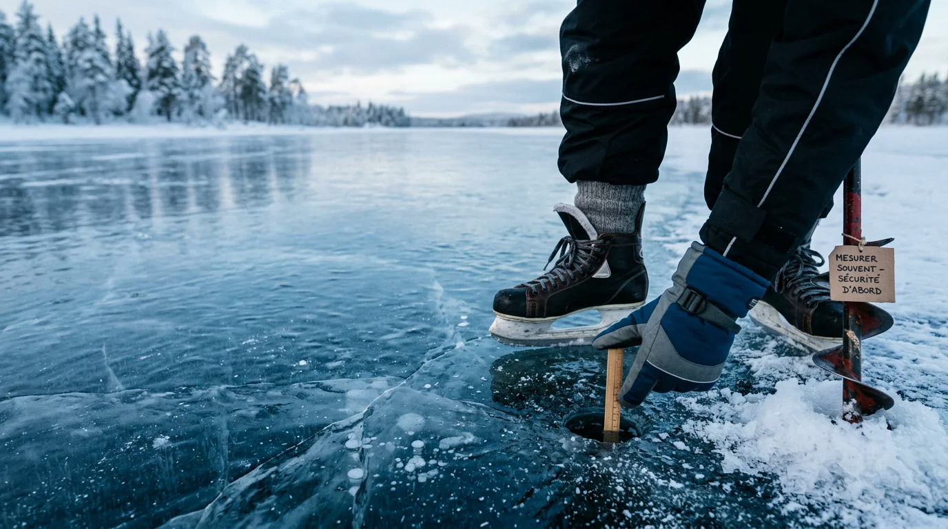 Vérification de l'épaisseur de la glace au bord d'un lac gelé avant de patiner