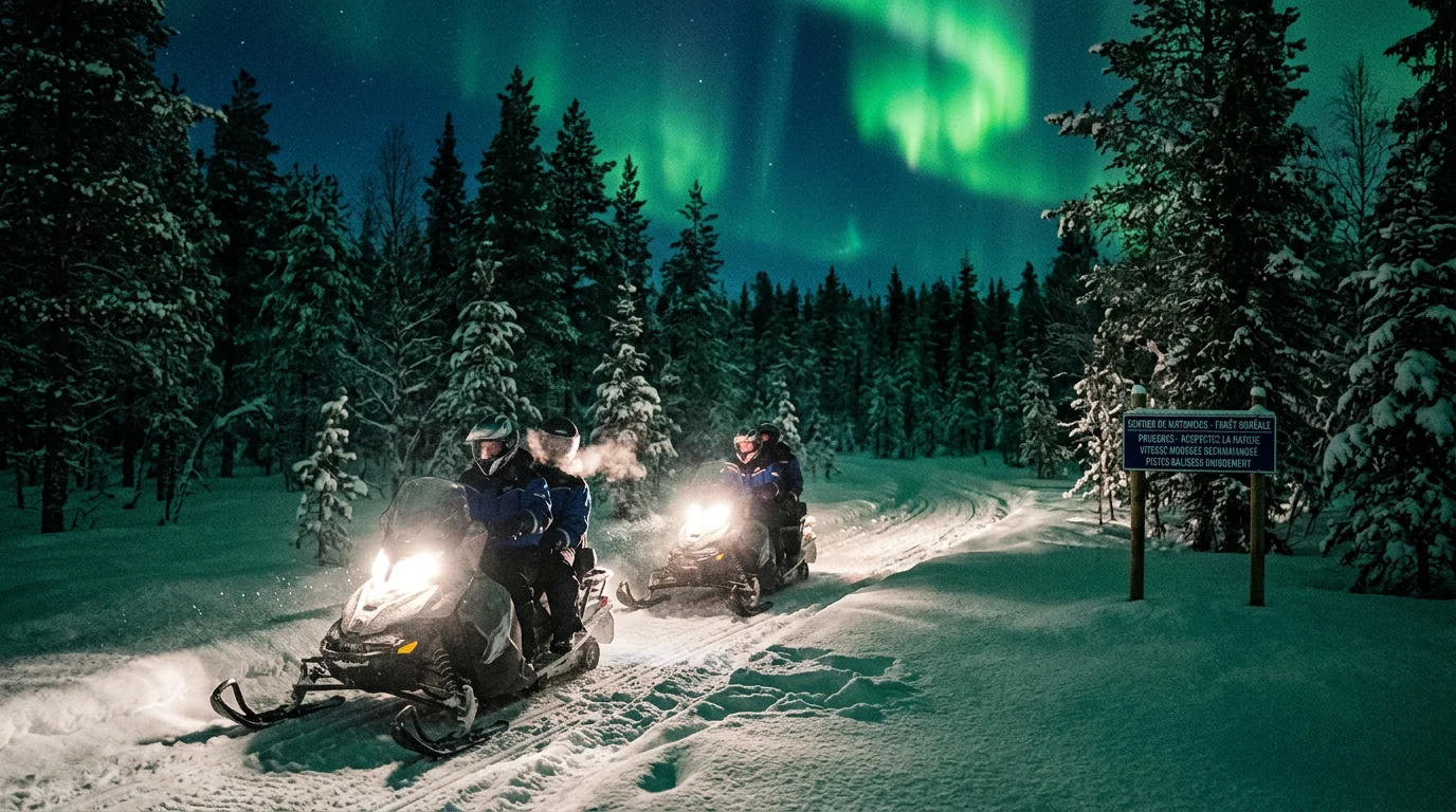 Groupe en motoneige sous une aurore boréale verte dans la forêt lapone la nuit