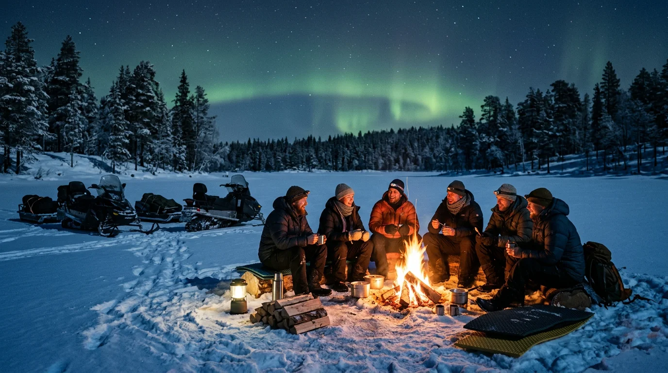 Voyageurs autour d'un feu de camp sur un lac gelé sous les aurores en Laponie