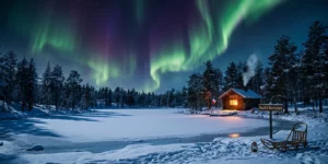 Aurores boréales au-dessus d'un lac gelé et d'une forêt enneigée en Laponie