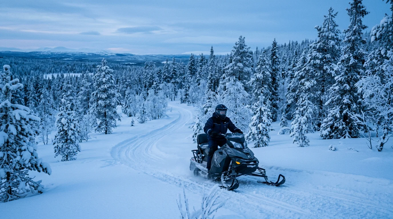Motoneige traversant une forêt boréale enneigée en Laponie finlandaise