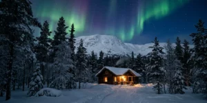 Aurores boréales au-dessus d'un paysage enneigé à Levi en Laponie