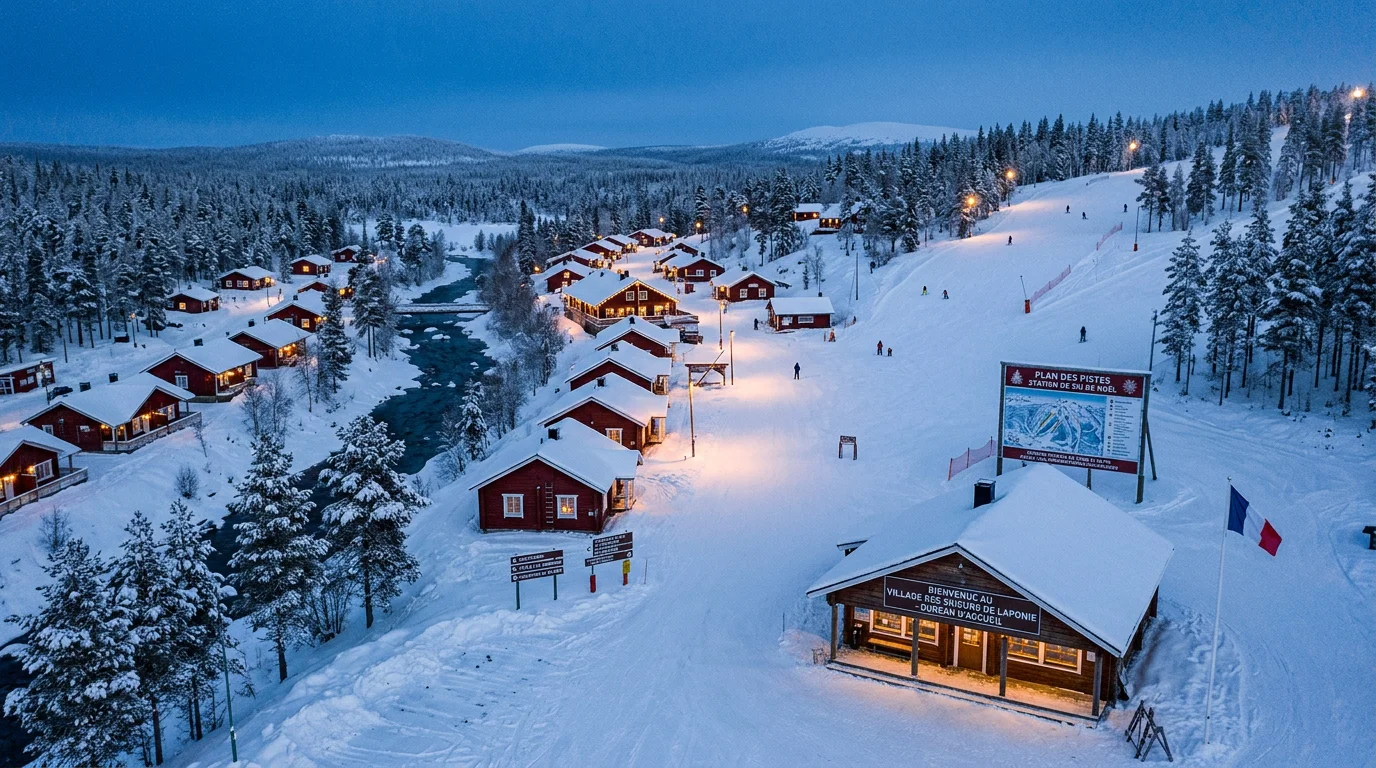 Vue hivernale du village de Levi et de ses pistes enneigées au crépuscule