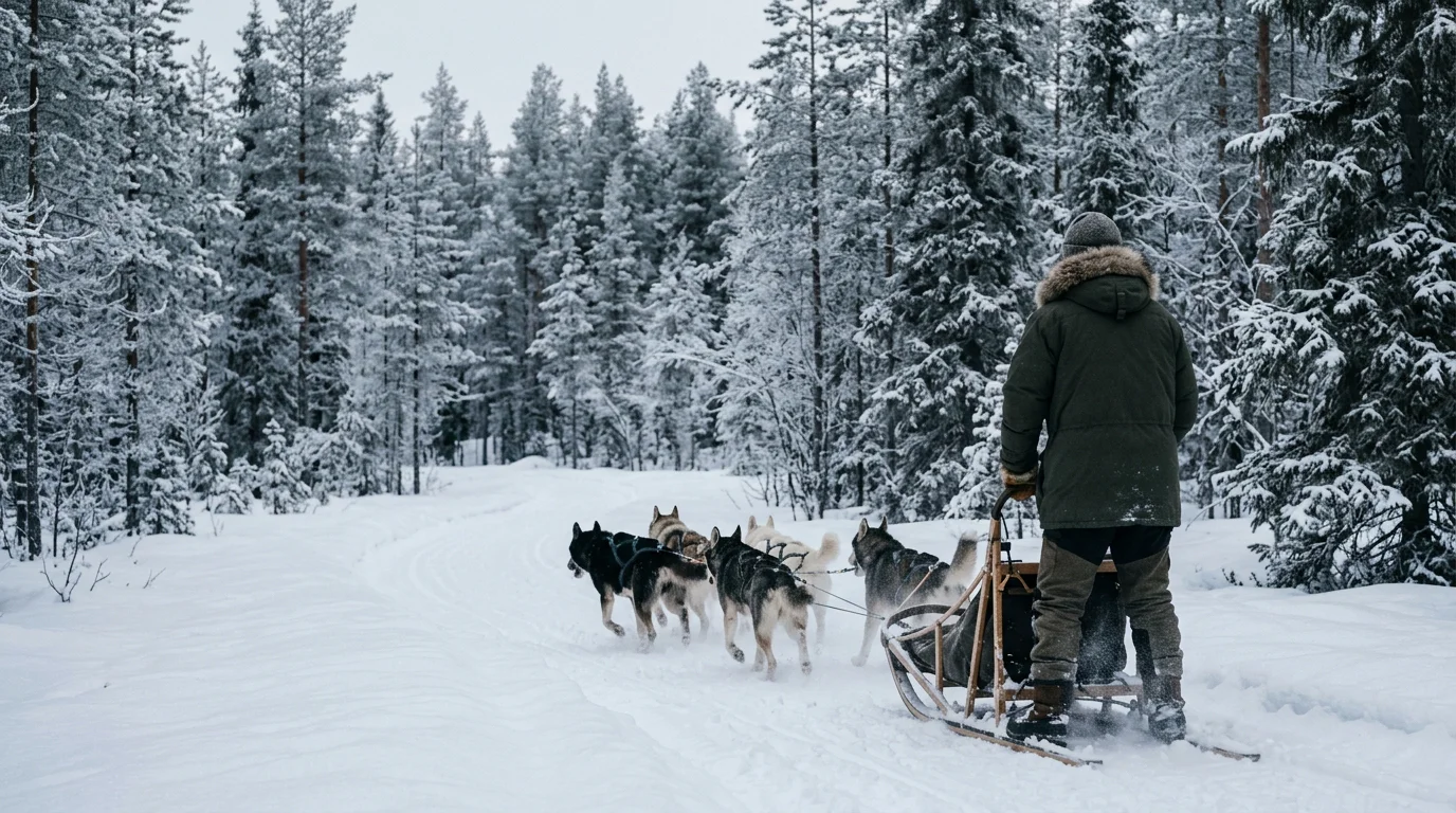 Traîneau à chiens de traîneau dans une forêt enneigée près de Levi