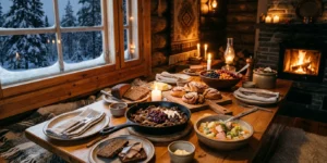 Table traditionnelle lapone garnie de plats finlandais et de baies arctiques