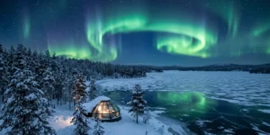 Aurore boréale verte au-dessus d'un igloo de verre en Laponie finlandaise