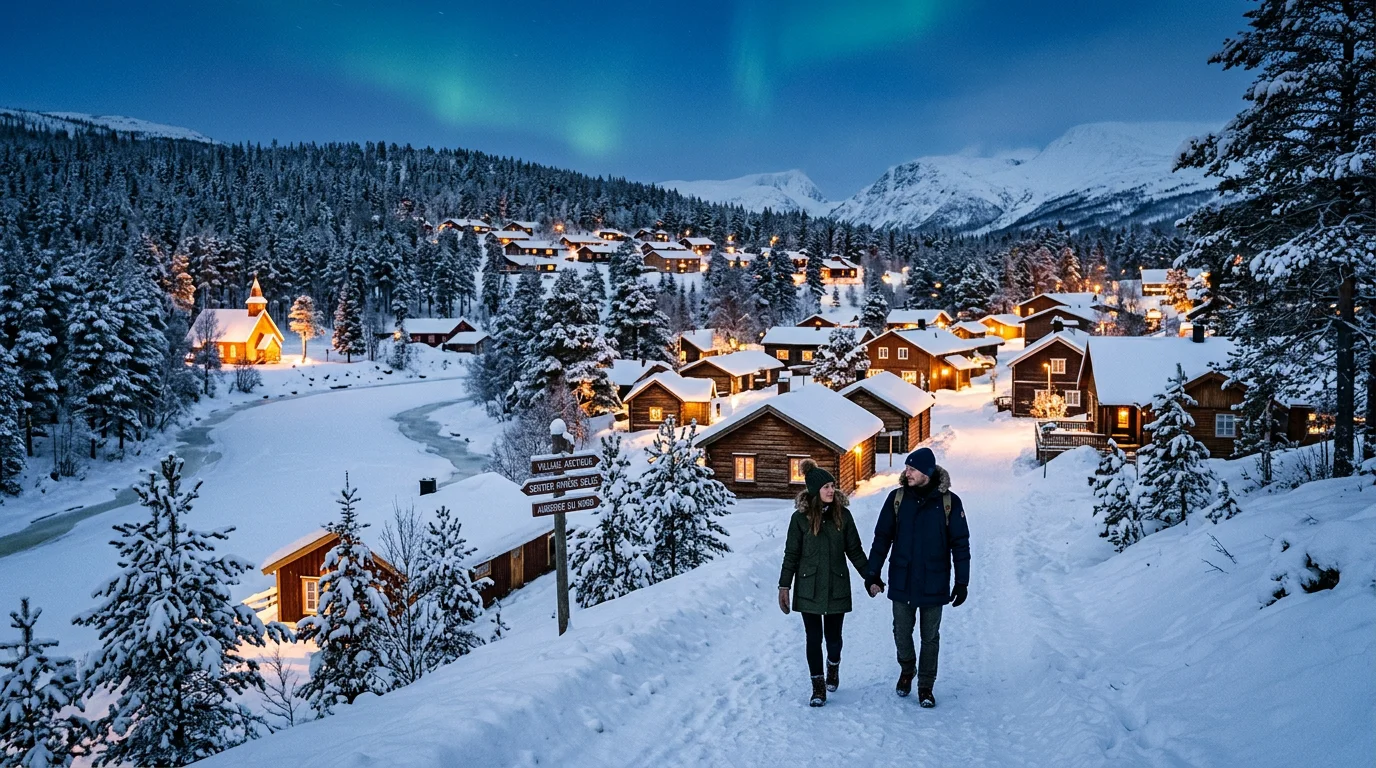 Ville arctique enneigée au crépuscule en Laponie finlandaise