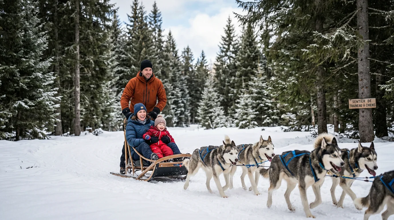 Famille en traîneau tiré par des chiens huskies dans la forêt enneigée